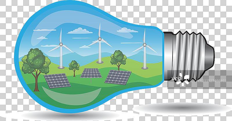 带有太阳能电池板风力涡轮机的灯泡图片素材