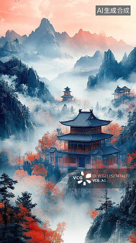 【AI数字艺术】云雾缭绕的中国古建筑图片素材