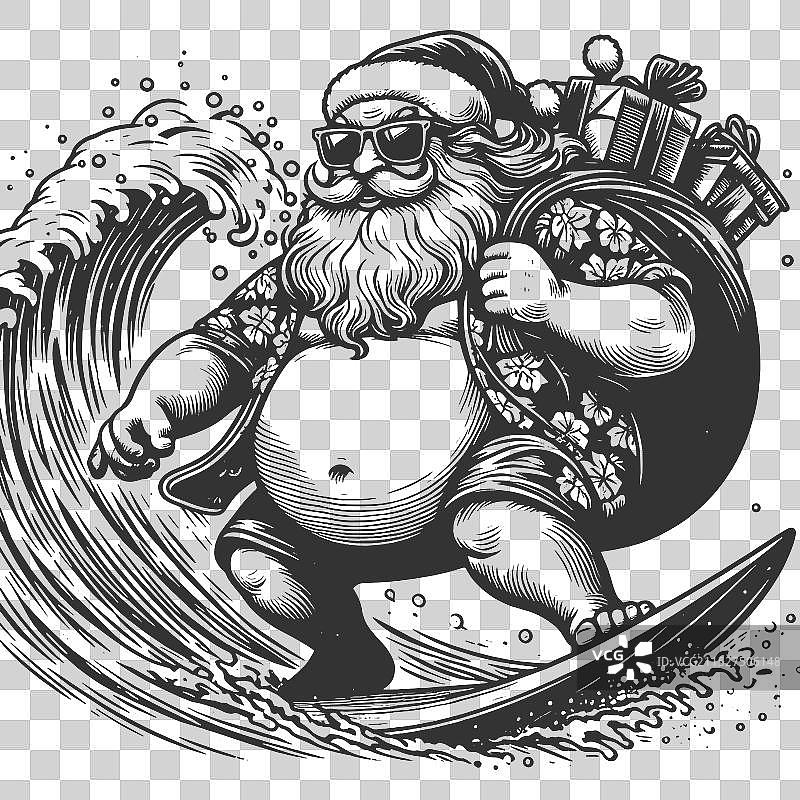 身穿夏威夷衬衫冲浪送礼物的圣诞老人图片素材