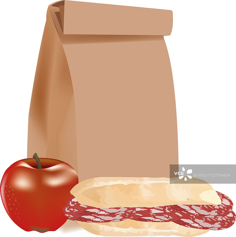 装有苹果和萨拉米香肠的棕色纸袋午餐图片素材
