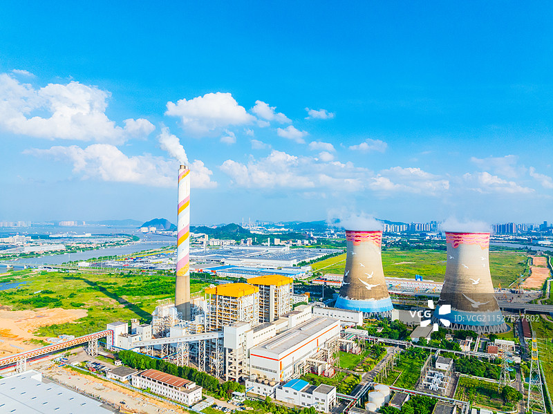 广州,南沙,河流,火力发电厂,电力,工业,蓝天,白云,烟囱,天际线,河岸,晴天,晴朗,蔚蓝,云朵,电图片素材