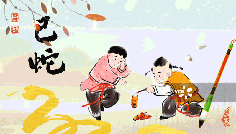 2025年春节蛇年过年插画节日动画烟花，爆竹，游戏，鞭炮图片素材