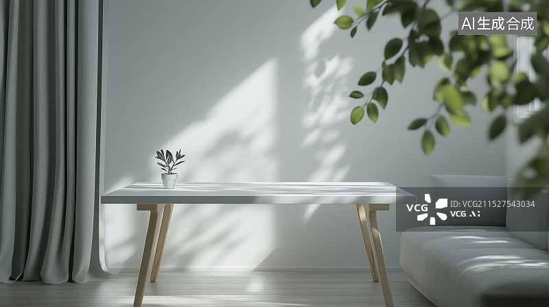 【AI数字艺术】家里靠墙的空桌子场景图片素材
