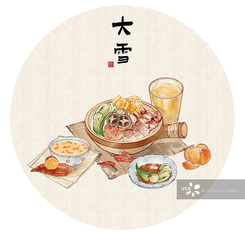 大雪中国传统节气食物腊肉腊肠饭煲仔饭红薯粥橙汁橘子汁—国画写意古风设计模板海报图片素材