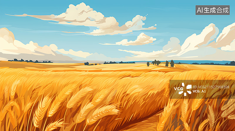 【AI数字艺术】秋天金色麦田乡间小路丰收海报图片素材