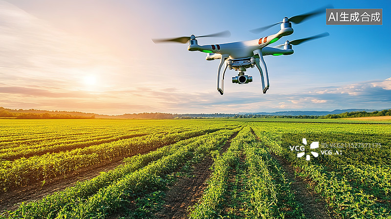 【AI数字艺术】农业植保无人机在黄昏农田中工作场景图片素材