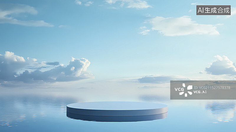 【AI数字艺术】科技蓝色天空和圆形展台插画海报背景图片素材