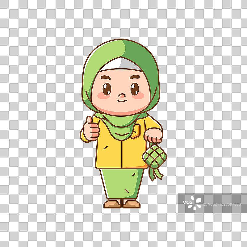 可爱的穆斯林女孩点赞开斋节米粽，卡哇伊动漫形象图片素材