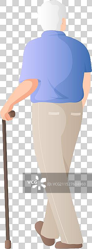 拄拐杖的老头背影手绘插画图片素材