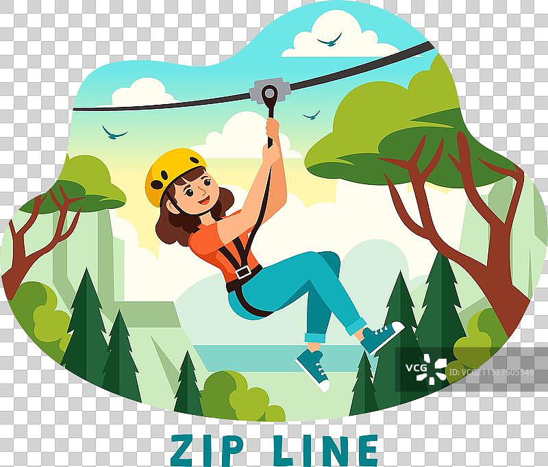 游客在障碍设施上体验高空滑索图片素材