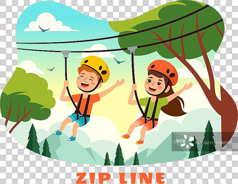 游客在障碍设施上体验高空滑索图片素材