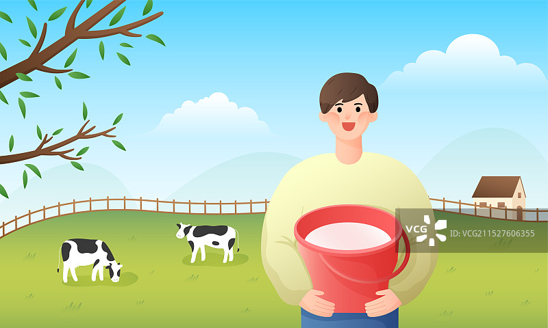 奶牛场农民手捧装满牛奶的水桶图片素材