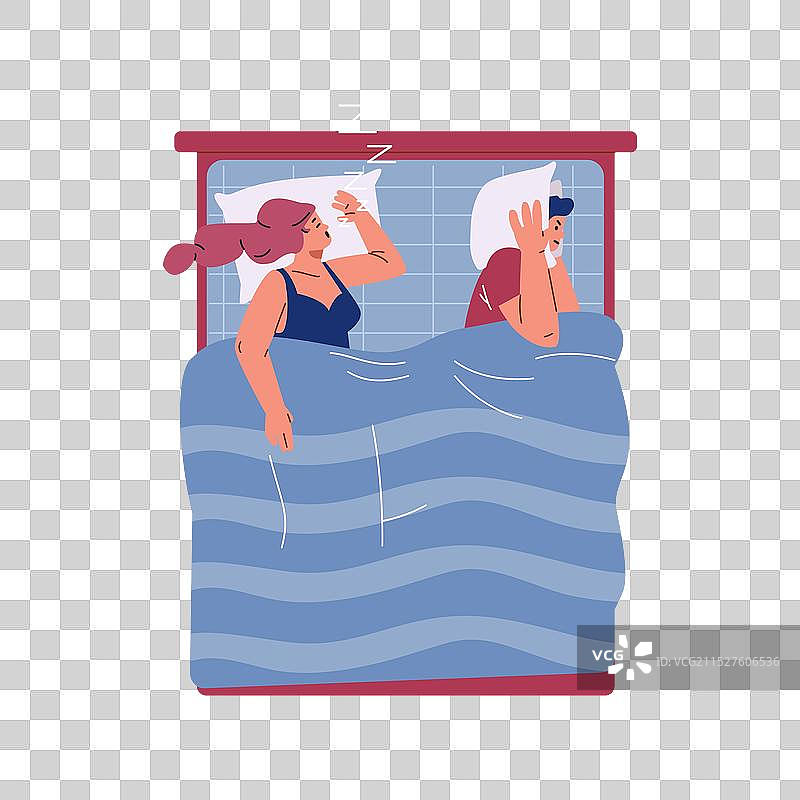 夜晚在床上打鼾失眠的夫妇图片素材