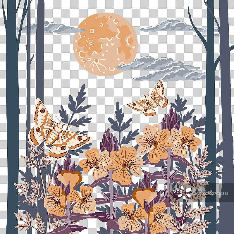 花园花卉和蝴蝶绘画图片素材