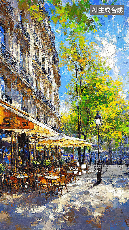【AI数字艺术】抽象印象派丙烯油画雨后初晴的窄巷街边一角石板路阳光透过云层，斑驳的光影映照在风化的土黄色建筑上图片素材