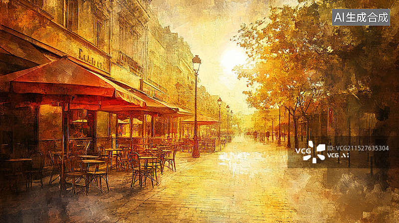 【AI数字艺术】抽象印象派丙烯油画雨后初晴的窄巷街边一角石板路阳光透过云层，斑驳的光影映照在风化的土黄色建筑上图片素材