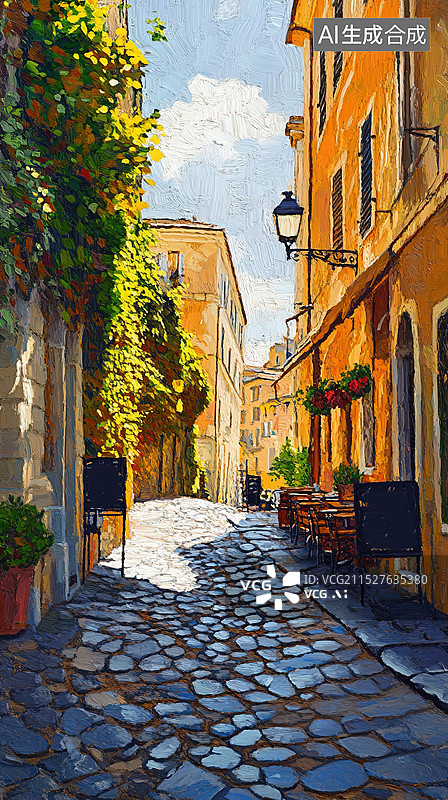 【AI数字艺术】抽象印象派丙烯油画雨后初晴的窄巷街边一角石板路阳光透过云层，斑驳的光影映照在风化的土黄色建筑上图片素材