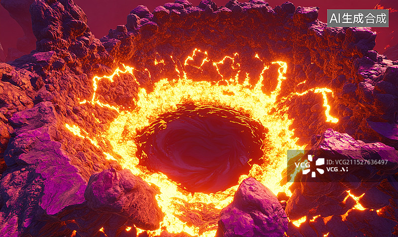 【AI数字艺术】抽象的熔岩王国火山口可视化，描绘了火山爆发后的场景，火山口内翻腾的岩浆和周围被熔岩覆盖的土地图片素材