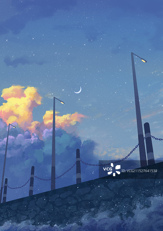 夜晚海边堤坝月亮星光星星路灯下的街道图片素材