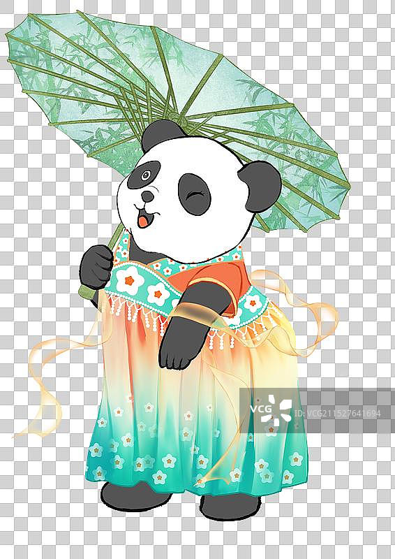 穿着传统服装汉服拿着伞站立的国宝大熊猫图片素材