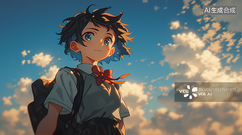 【AI数字艺术】日漫插画风天空下的美少女图片素材