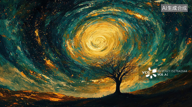 【AI数字艺术】复古油画风星空下的古树图片素材
