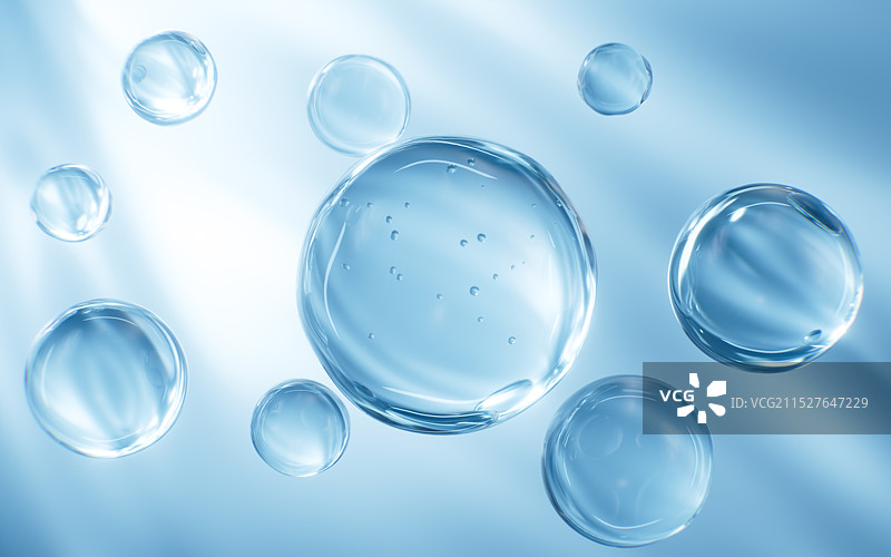 蓝色透明玻璃泡泡和分子护肤主题3D渲染图片素材