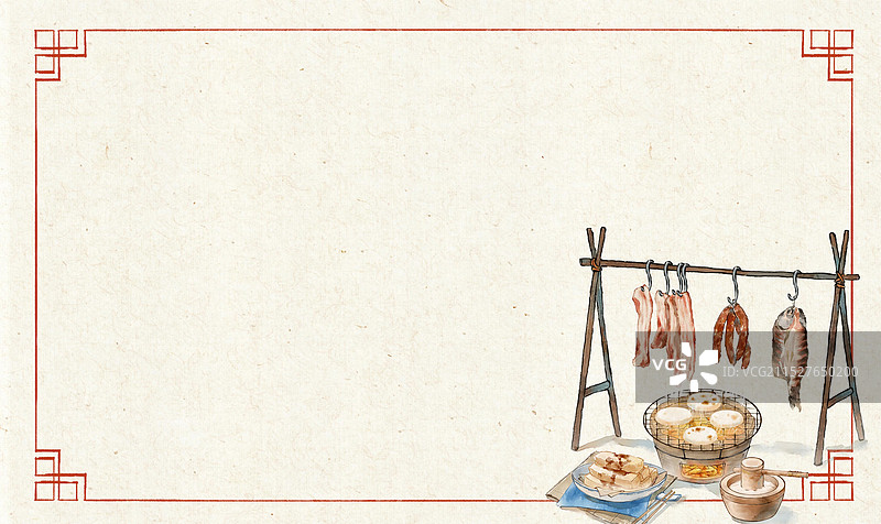 小雪中国传统节气食物红糖糍粑腌制腊肉腊肠鱼干—国画写意古风插画图片素材