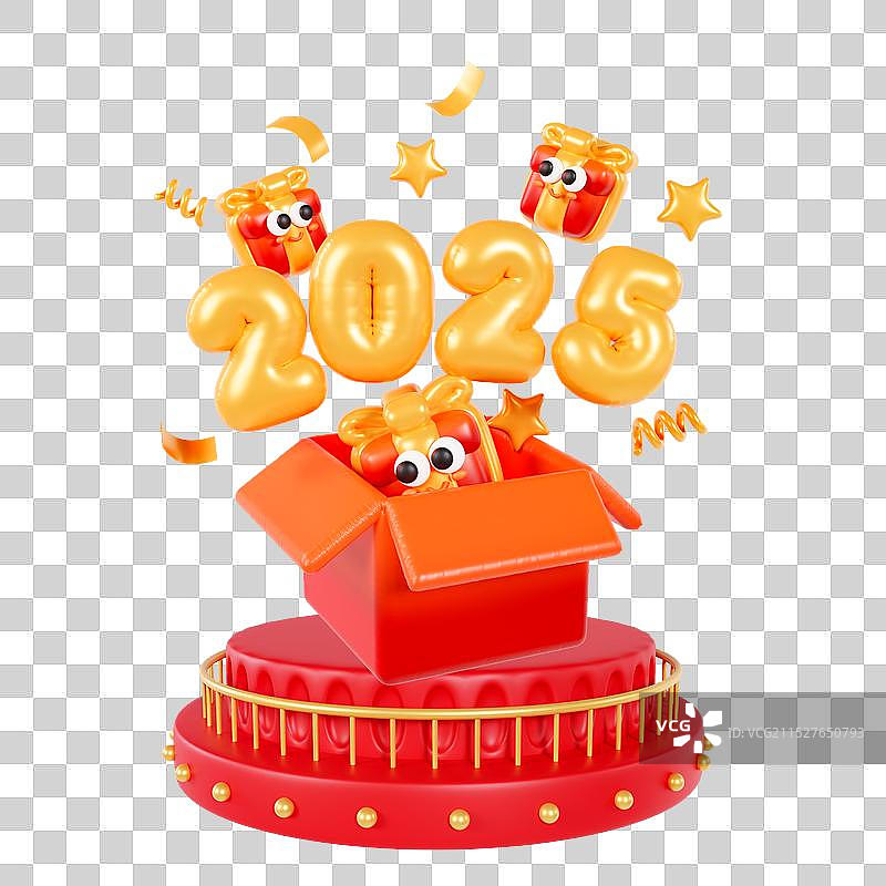 3D展台上打开的纸箱弹出2025数字元旦春节促销元素图片素材