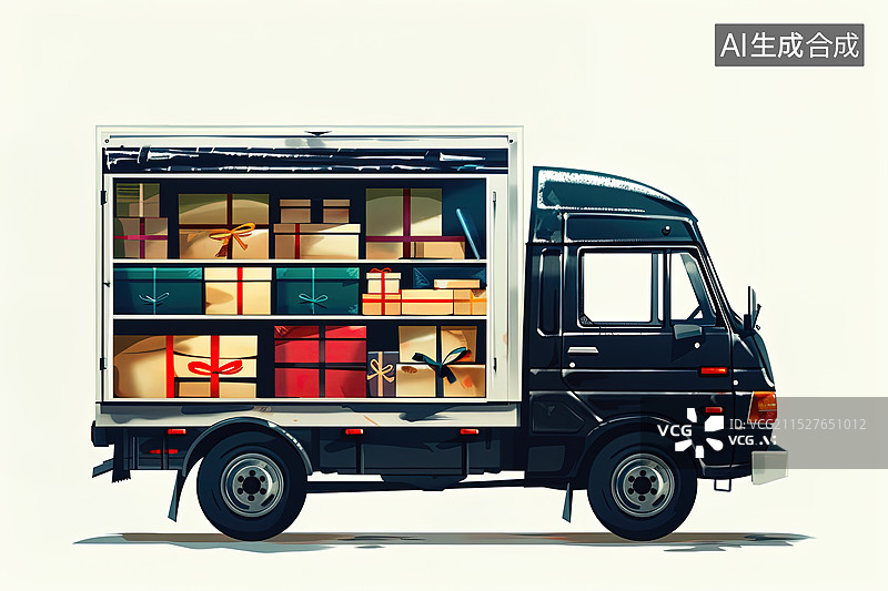 【AI数字艺术】购物节期间一辆装满快递货物的厢式货车图片素材