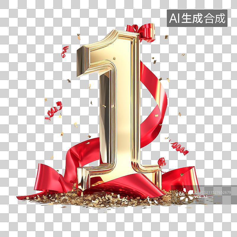 【AI数字艺术】红色缎带围绕立体金色数字1图片素材