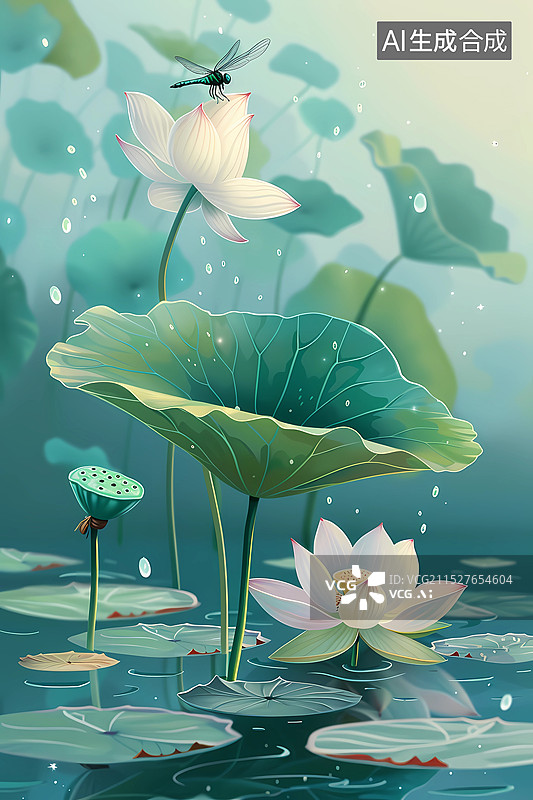 【AI数字艺术】荷叶上的蜻蜓图片素材