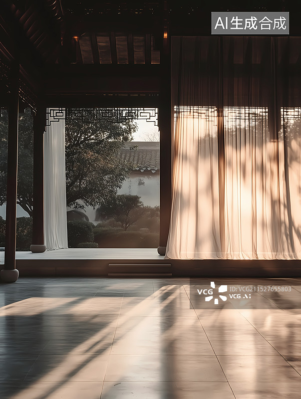 【AI数字艺术】丝绸装饰中式庭院图片素材