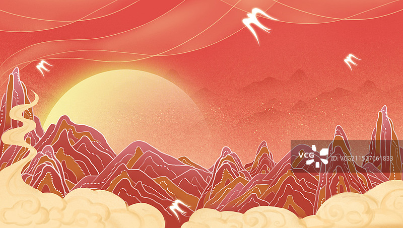 红山岩石国潮风敦煌壁画中国风诗意江山山峰图片素材