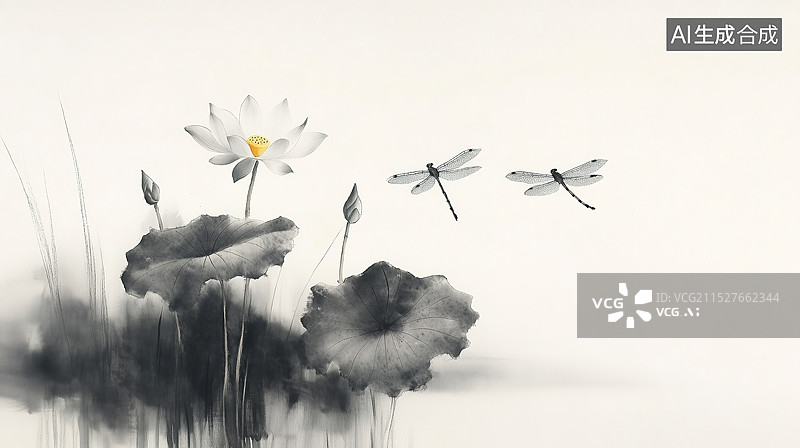 【AI数字艺术】水墨画，小荷才露尖尖角，早有蜻蜓立上头图片素材