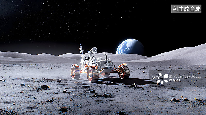 【AI数字艺术】科幻登月计划探月车行驶在月球表面勘探科研图片素材
