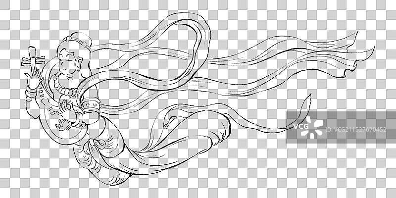 手绘敦煌飞天白描线稿元素图片素材