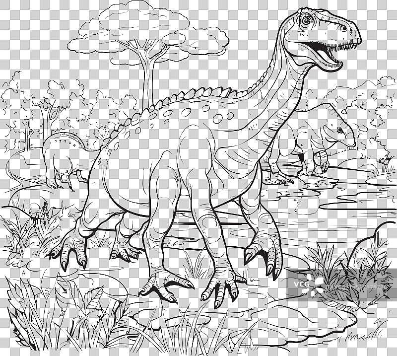 中生代伴侣恐龙线条艺术涂色页图片素材