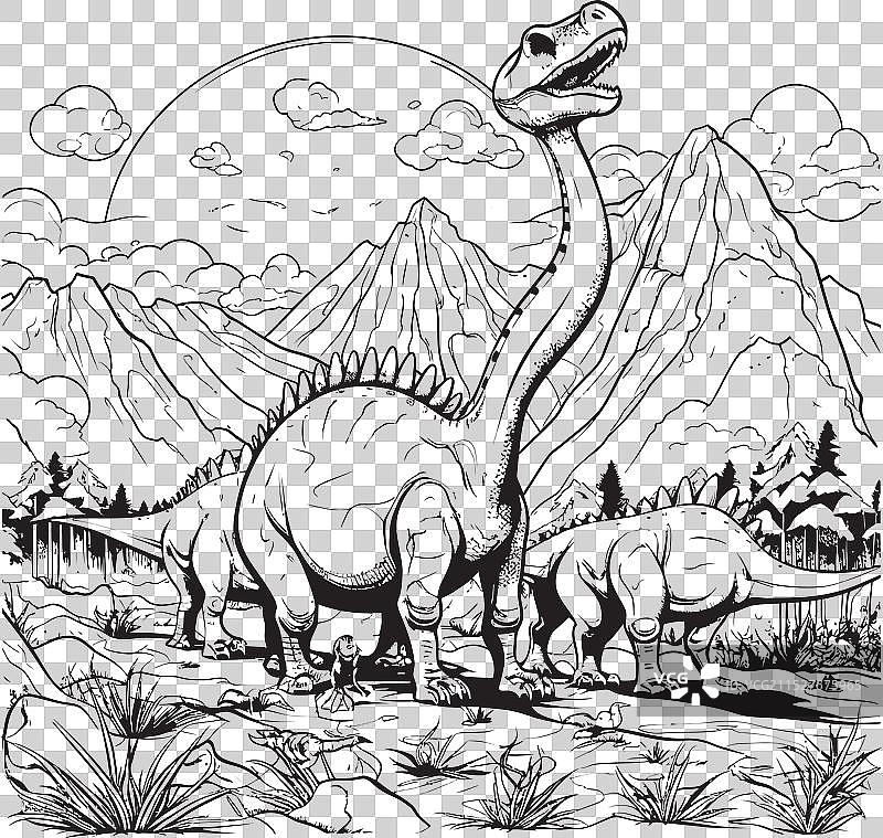 中生代记忆恐龙线条艺术涂色图片素材