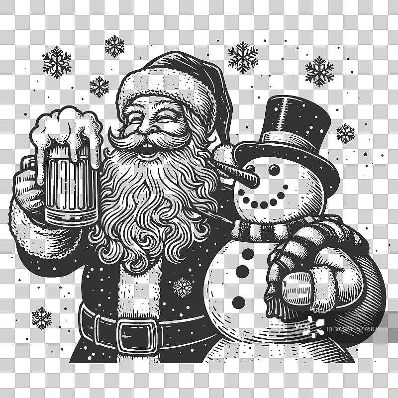 圣诞老人和雪人一起享受啤酒图片素材