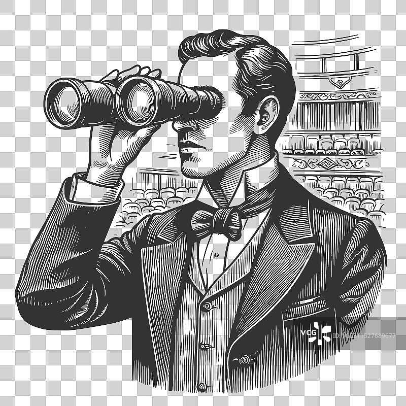 复古风格的男人与双筒望远镜的雕刻图片素材