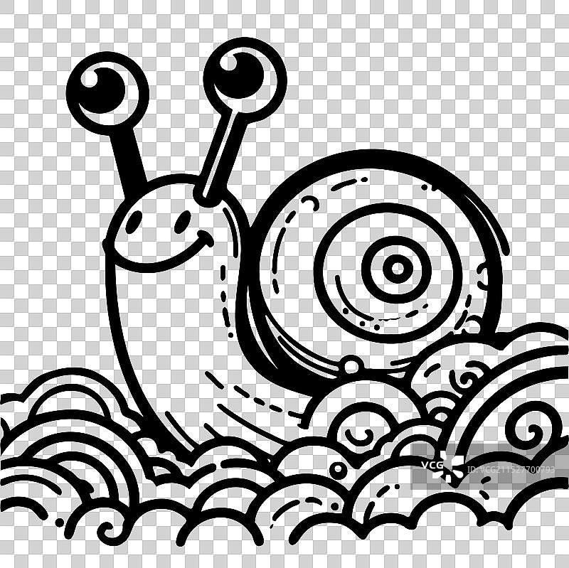 一幅快乐小蜗牛的黑白画作图片素材