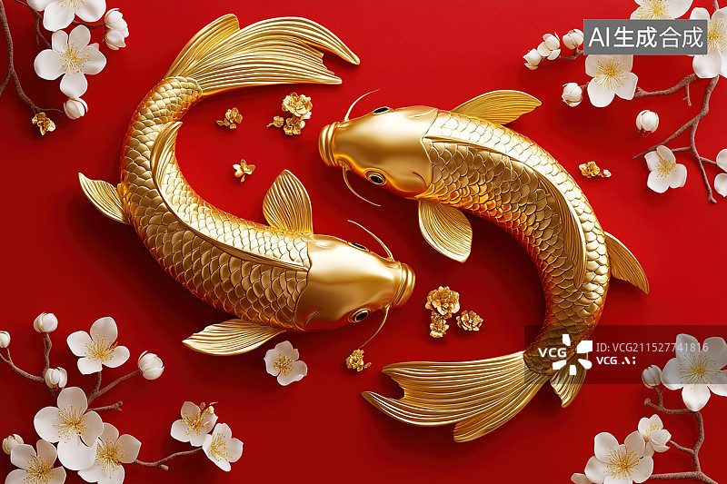 【AI数字艺术】红色背景下两条锦鲤金鱼在水面图片素材