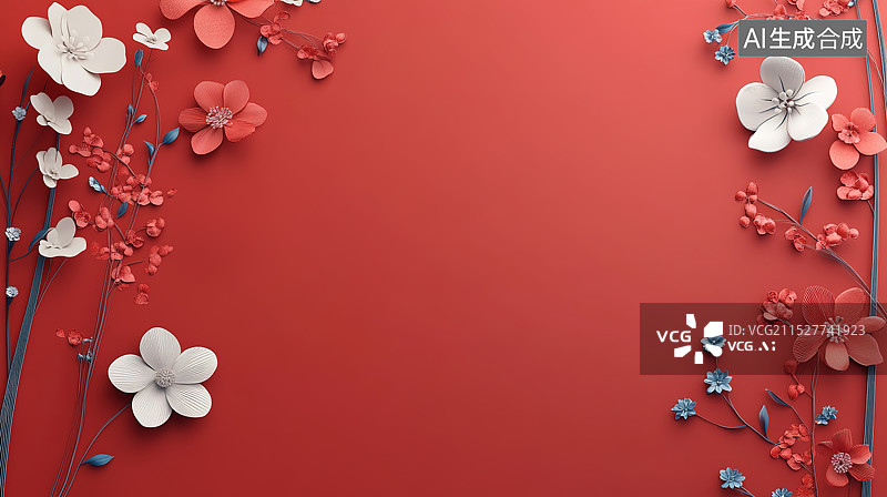 【AI数字艺术】剪纸风格红色喜庆鲜花背景图片素材