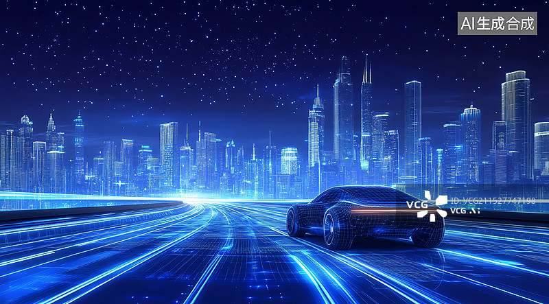【AI数字艺术】新能源电动汽车智能驾驶行驶在城市道路上图片素材