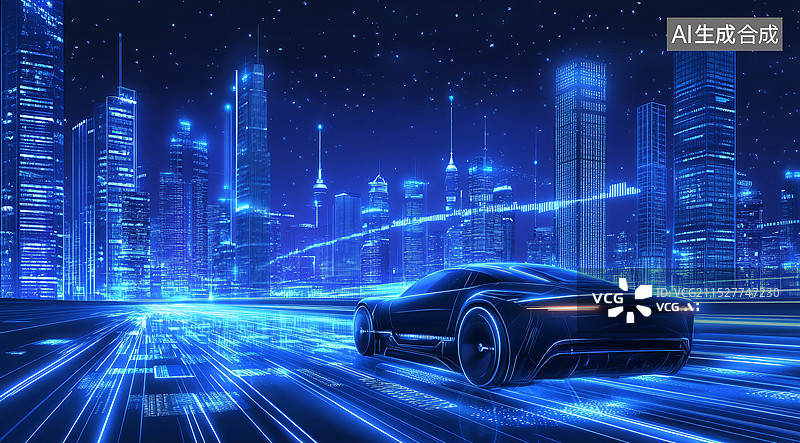 【AI数字艺术】新能源电动汽车智能驾驶行驶在城市道路上图片素材