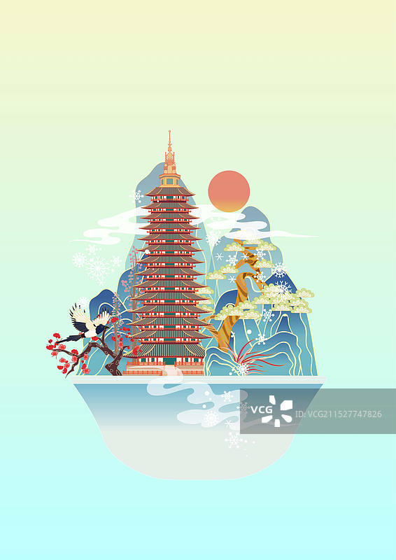 二十四节气城市建筑矢量插画系列 大雪 常州天宁宝塔图片素材