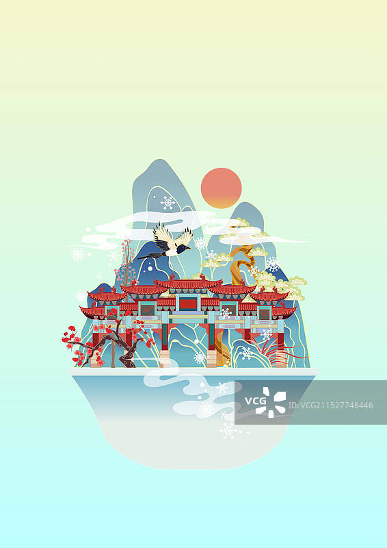 二十四节气城市建筑矢量插画系列 大雪 岳阳 圣安寺、圣安古寺图片素材