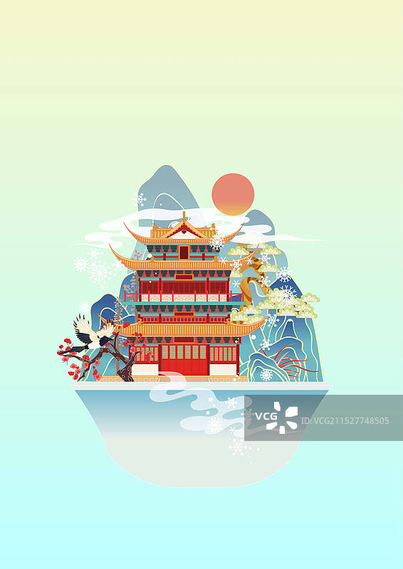 二十四节气城市建筑矢量插画系列 大雪 无锡崇安寺图片素材