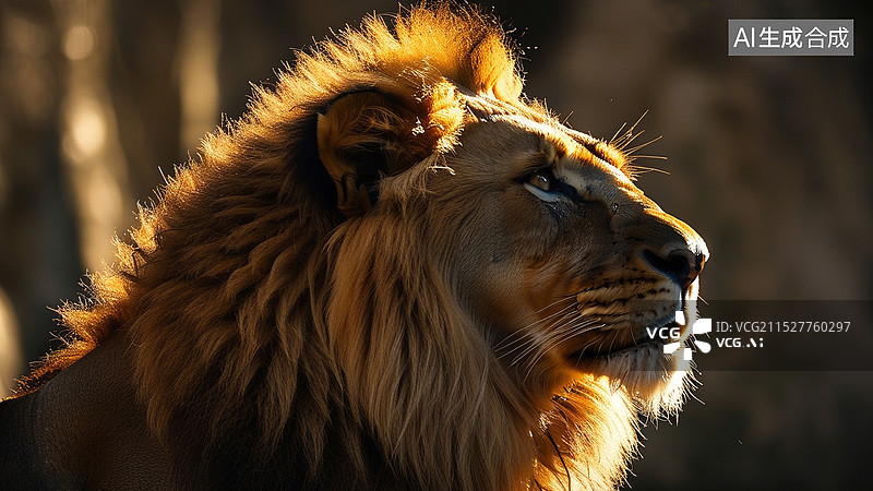 【AI数字艺术】阳光下的一只非洲雄狮头部光影全身特写图片素材